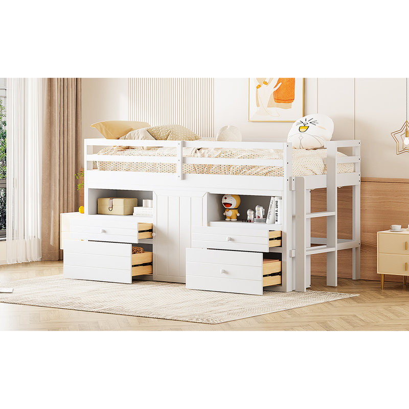 Lit mezzanine simple blanc avec 4 tiroirs, tablettes et armoire, Blanc