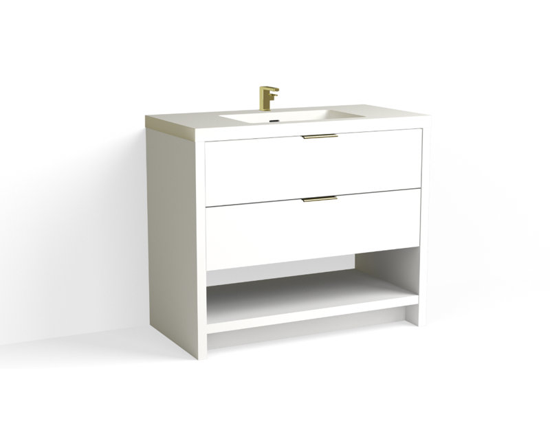 Vue 42" W Freestanding Single Bathroom Vanity, Glossy White/8" Widespread, Nimbus, Matte Black