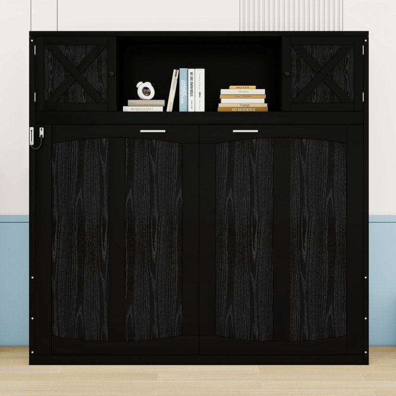 Lit escamotable double en bois avec armoires de rangement