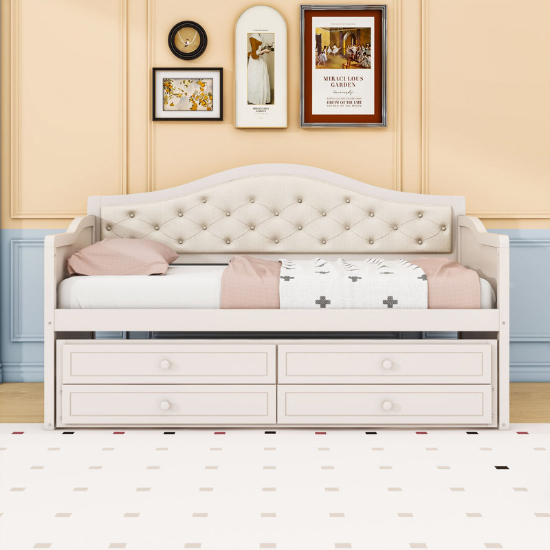 2 Drawers Twin Daybed with Twin Trundle and Upholstered Button-Tufted Backrest, Beige