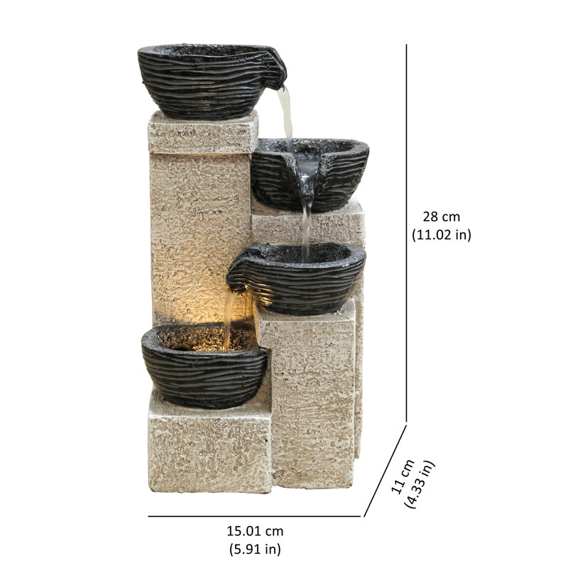 11" Beige and Black Stacking Bowls Fountain with LED Lights