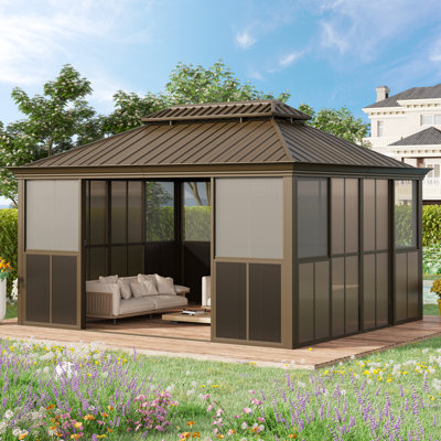 14 x 12 FT Outdoor Hardtop Sunroom Gazebo, Fully Enclosed Patio Solarium with Galvanized Steel Double Roof, Aluminum Frame, Lockable Sliding Doors & Slideable PE Screen Windows, All-Season Outdoor Gazebo for Backyard, Deck & Hot Tub
