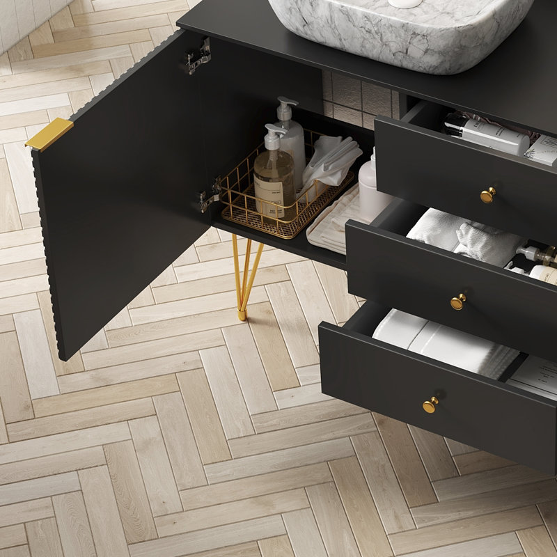 Base de meuble-lavabo de luxe noire, contreplaqué et pierre, conception autoportante contemporaine