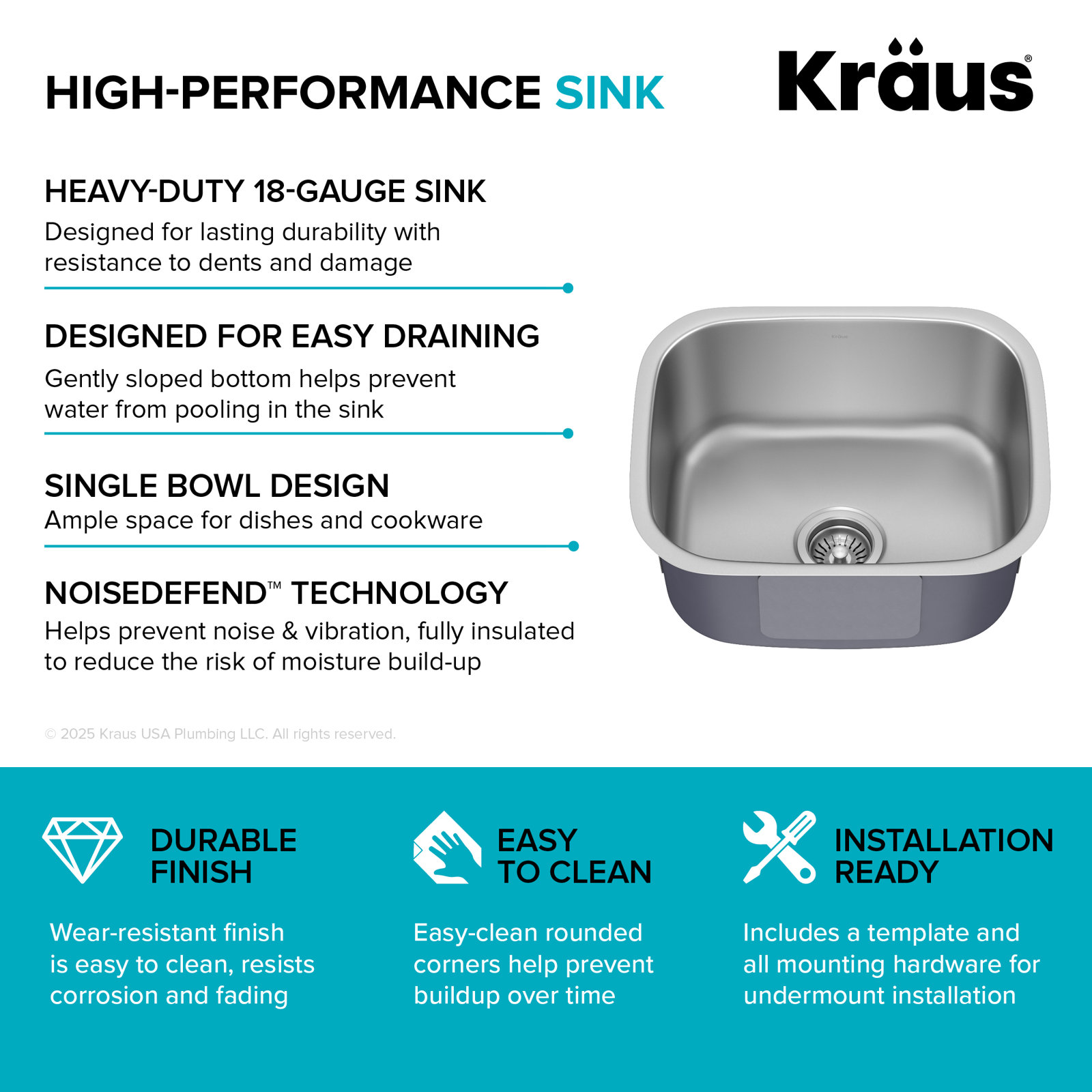 KRAUS Premier Undermount Single Bowl 18-Gauge Stainless Steel Kitchen Sink, 9.25" H x 20.75" W x 17.75" D