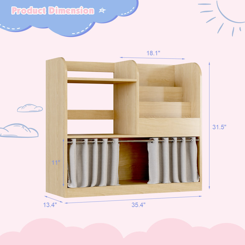 Montessori 3 Sling Bookshelf With Dust Proof Curtain and Floor Storage Cabinet Toy Chest, Oak