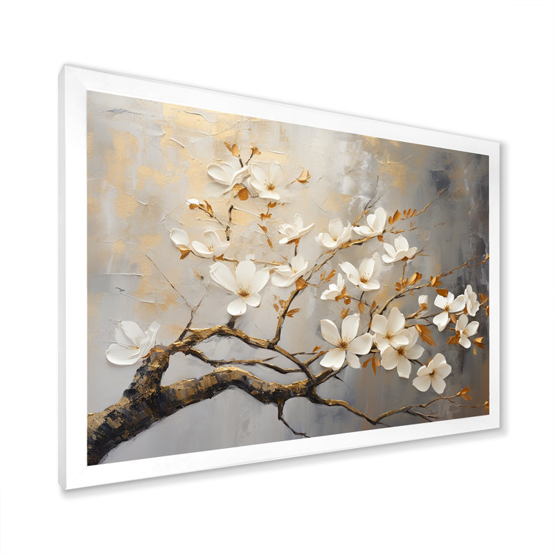 Arbre floral doré et gris sérénité - oiseau, art mural, Cadre de coin blanc fermé, H 16 po x l 32 po x P 1 po