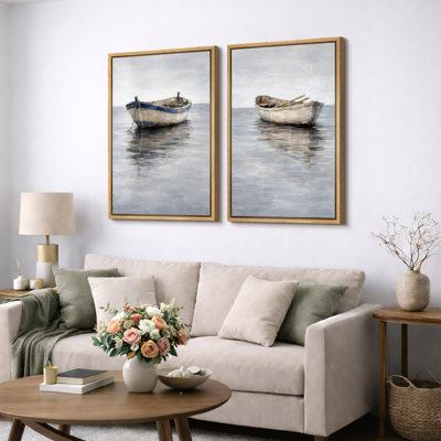«Minimalist Boat on Water», impression de chambre à coucher côtière, impression sur toile encadrée, 2 pièces