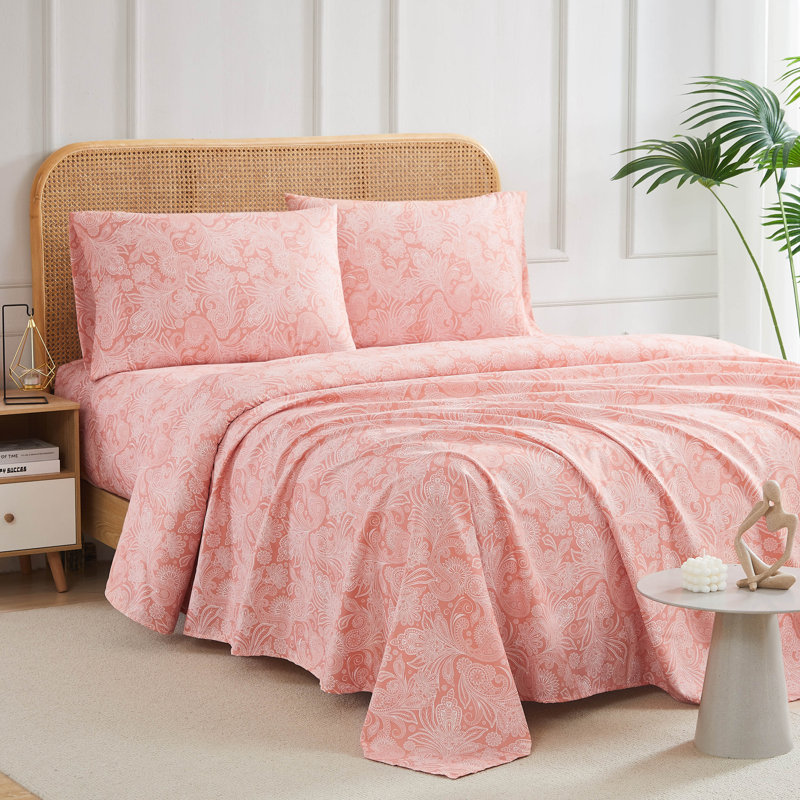 Ensemble de draps South Melody Linens Pure, Grand, Blanc/Corail, Paisley