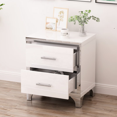 Table de chevet haute brillance, blanc, 2 tiroirs avec poignée en métal pour chambre à coucher, tiroirs, flair