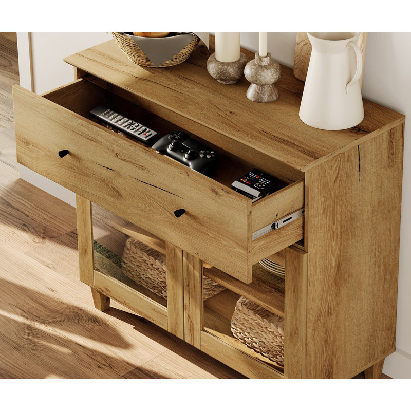  Meuble télé avec tiroir et porte vitrée pour téléviseur de 55 po ou moins, brun, Brun
