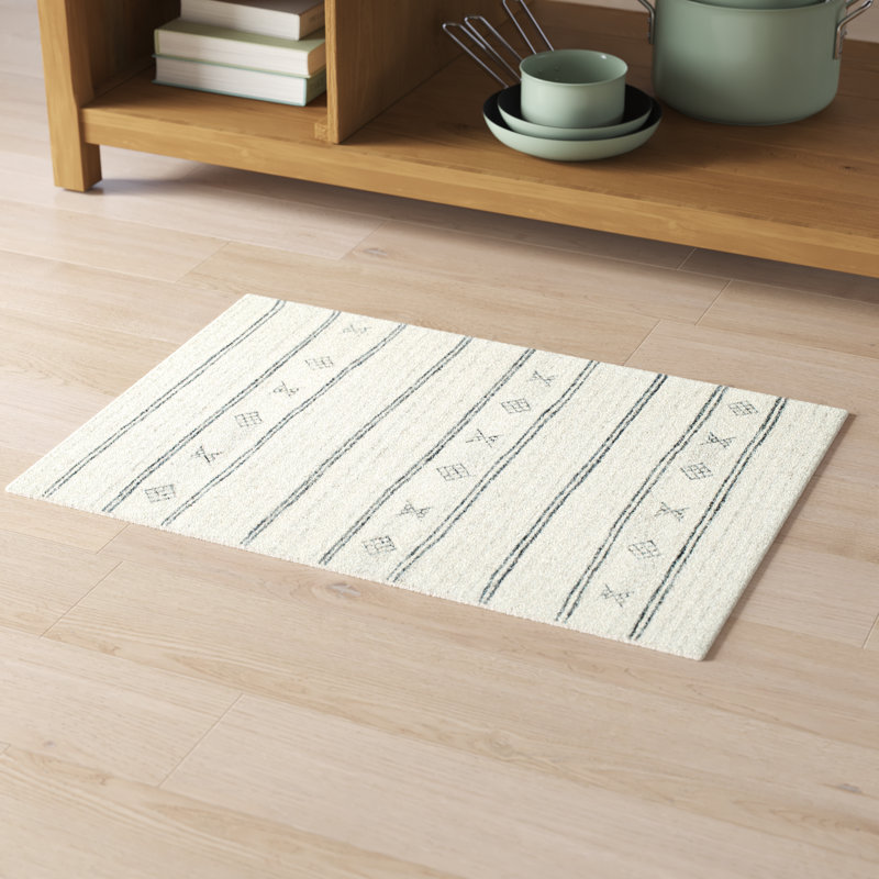 Rectangle Milada Striped Hand Tufted Wool Area Rug in Black/Beige, Rectangle 2' x 3'