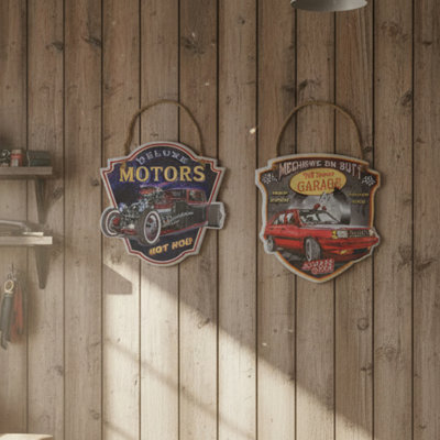 Embossed Metal Wall Sign Motor/Garage Serviceasstd - Set Of 2