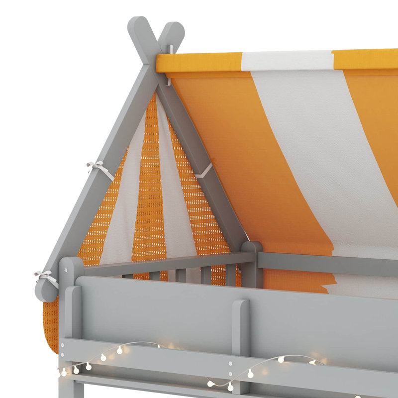 Full Size Loft Bed With Canopy, LED Lights & Book Shelf, Grey