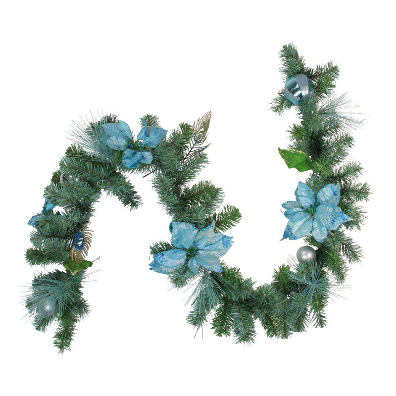 Guirlande de Noël artificielle 6 pi x 9 po plume de paon et poinsettia non éclairée