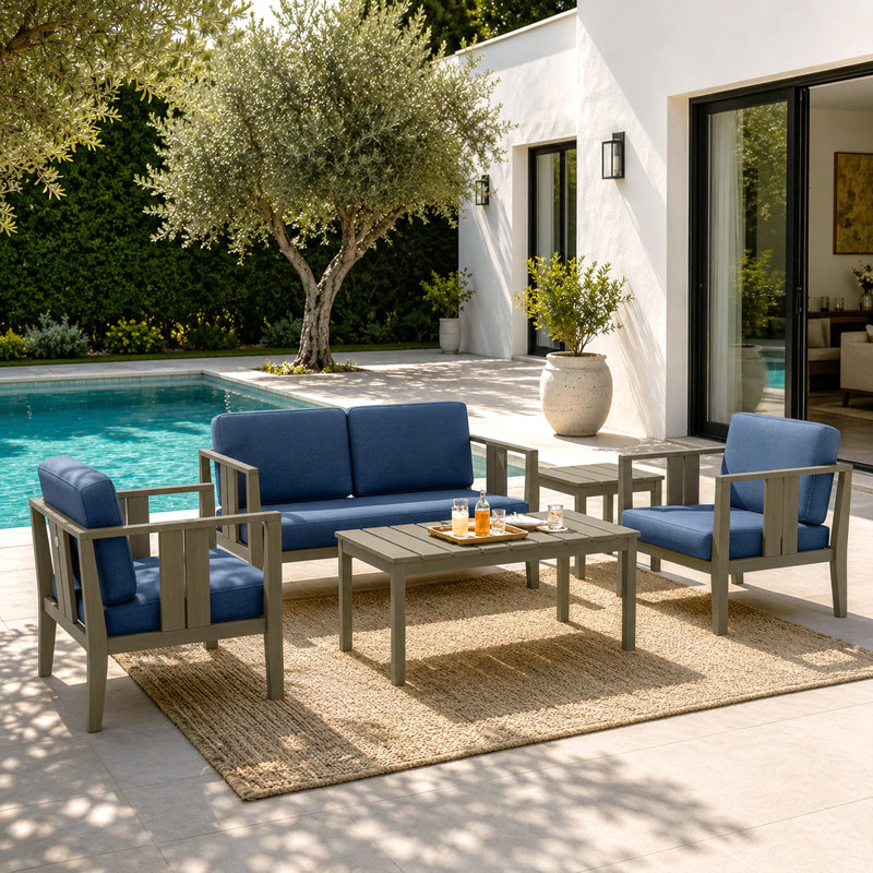 Junco Teak Outdoor Four-person Patio Set with Cushions and Two Tables, Brown, Navy