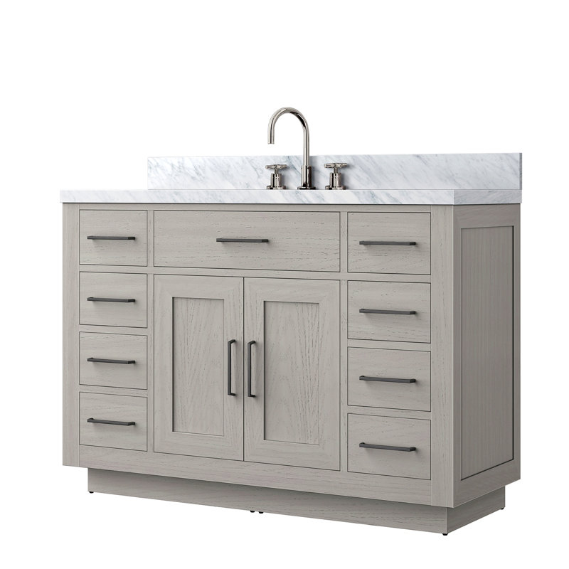 Meuble-lavabo simple en chêne 48 po X P 22 po D, dessus en marbre de Carrare et ensemble de robinet, Blanc, Noir mat