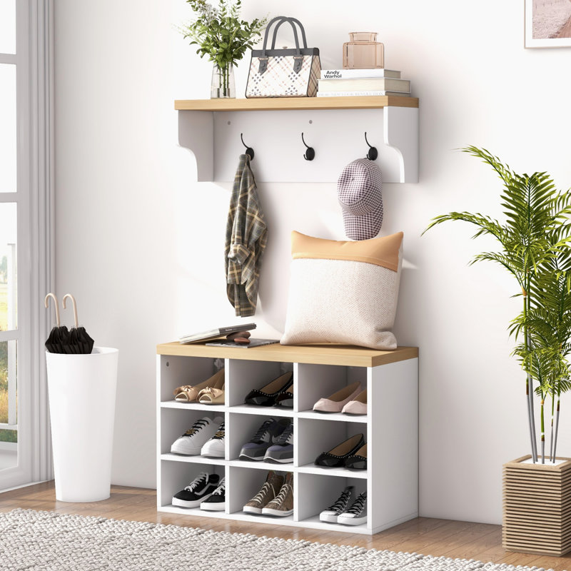 2-In-1 Coat Rack And Shoe Bench Set, 9 Pair Storage With Hall Tree, Modern Entryway Organizer, Space-Saving Design, White