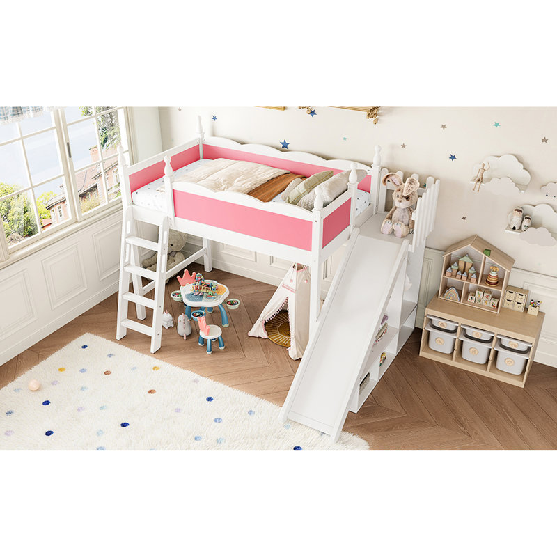 Twin Solid Wood Loft Bed Pink And White, With Detachable Slide, Storage Shelves Adaptable Room Setup White Shelves, Wardrobe, Creative Practical