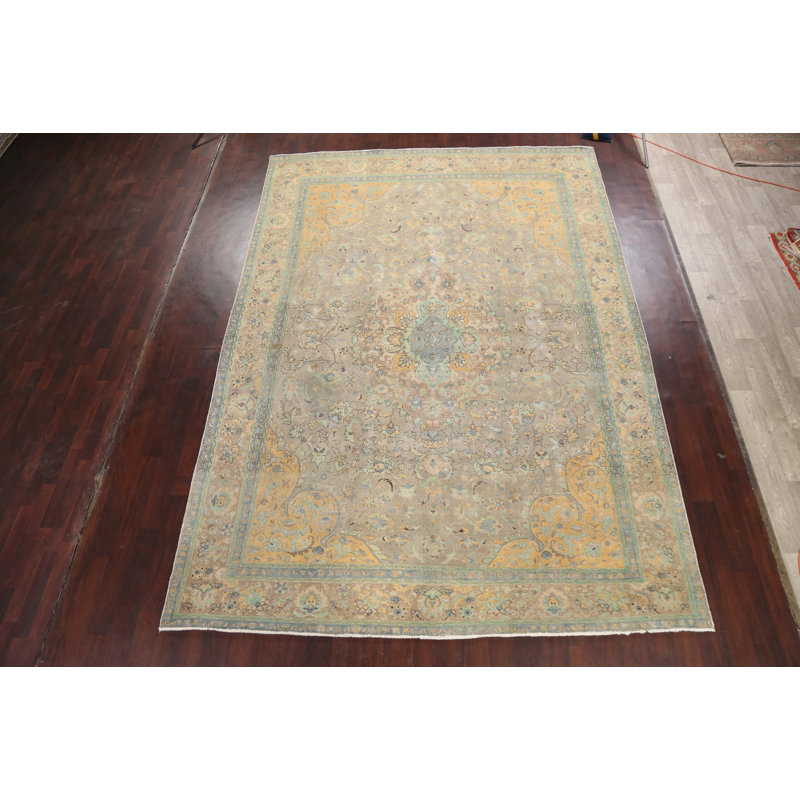 Tapis unique en laine noué à la main de style années 1950 de 9 pi 1 po x 12 pi 9 po brun