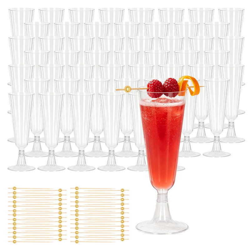 Flûtes à champagne jetables en plastique, ensemble de 50 verres transparents à pied rigide avec piques à cocktail pour mariages, anniversaires et fêtes.