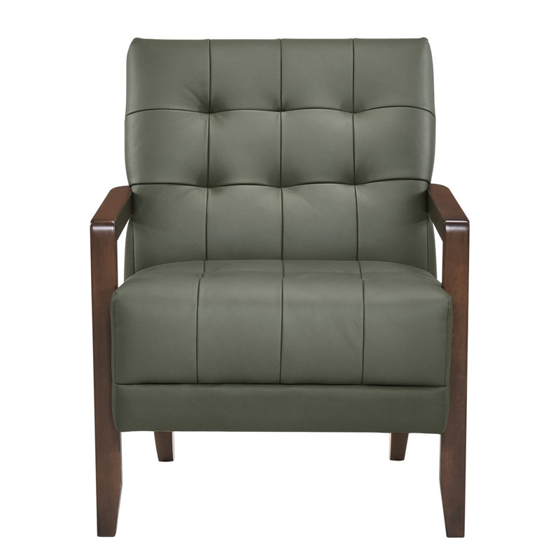 Fauteuil contemporain en cuir avec détails et pieds d'appoint en noyer, Vert