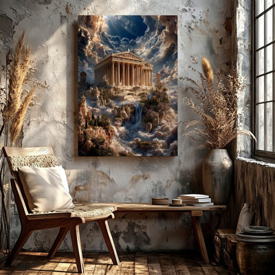 Ancien temple grec dans les nuages, cascade, fantaisie, paysage, impression sur toile, impression de paysage pour le bureau de la chambre à coucher, couloir, décoration murale