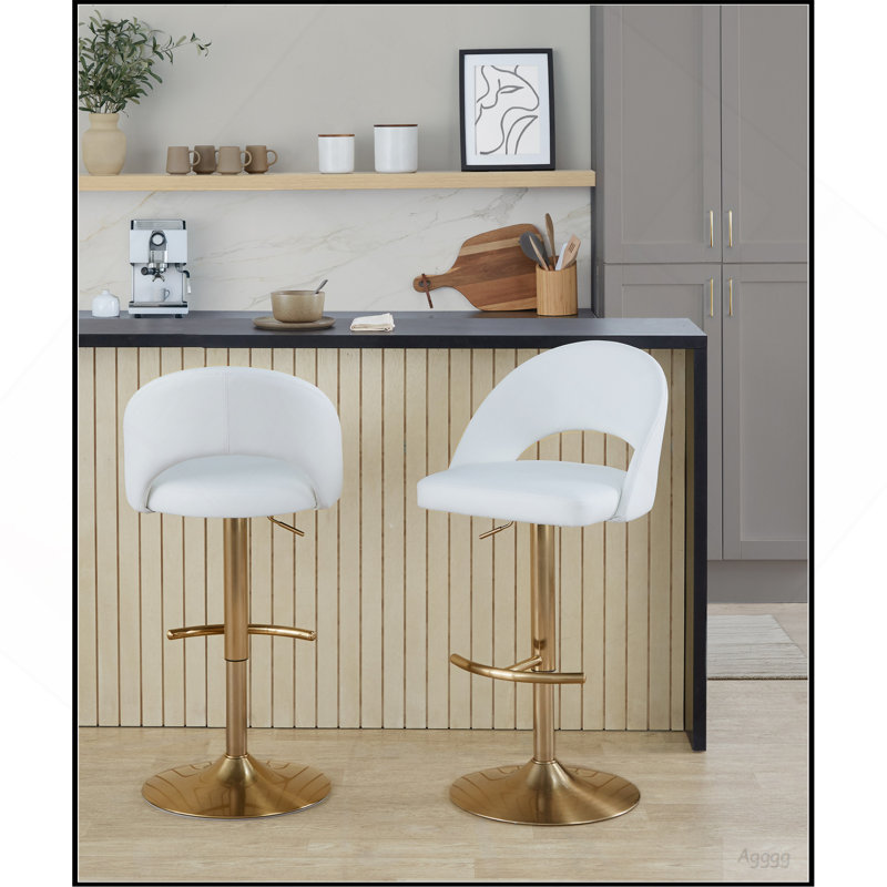 Tabouret de bar réglable avec pivot en métal doré et similicuir blanc avec repose-pieds rond en T - ensemble de 2, Blanc