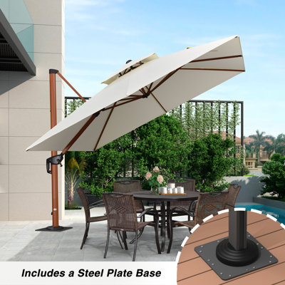 Parasol en porte-à-faux carré en bois 120 "avec base en tôle d'acier, crème