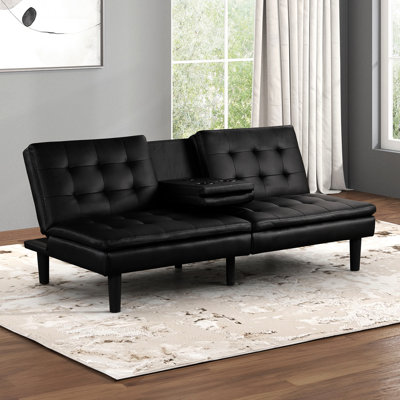 Black Contemporary Futon With Upholstery, Biscuit Tufting, - A C Chargers, Drop Down Table And Cup Holders, Easily Turns To Bed, 2 Seat Bed Seat, 32