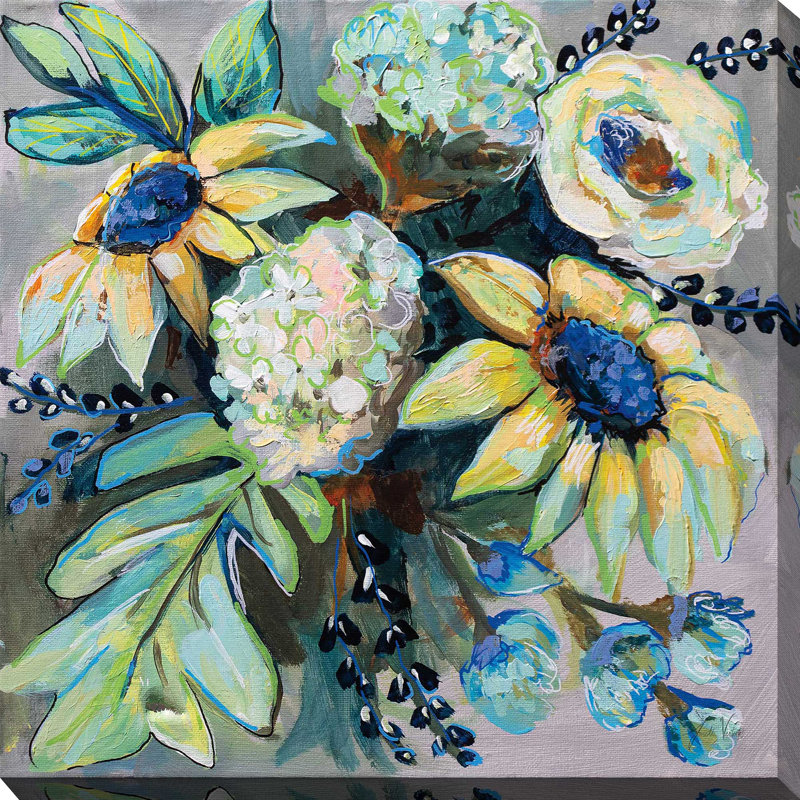 Sauge et tournesols II - Peinture, Toile tendue, H 28 po x l 28 po x P 1,5 po