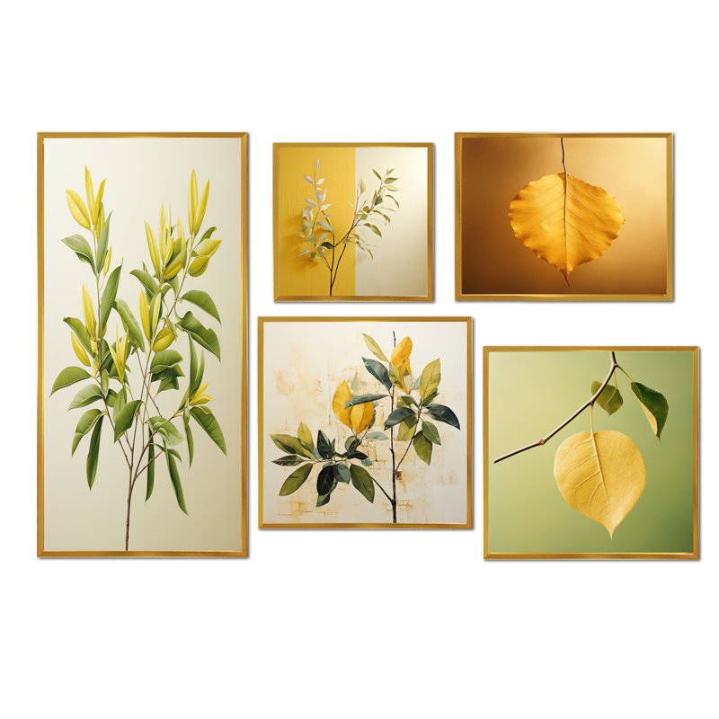 Feuilles vertes dans le minimalisme II - ensemble d'art mural sur toile 5 feuilles, Cadre flottant doré