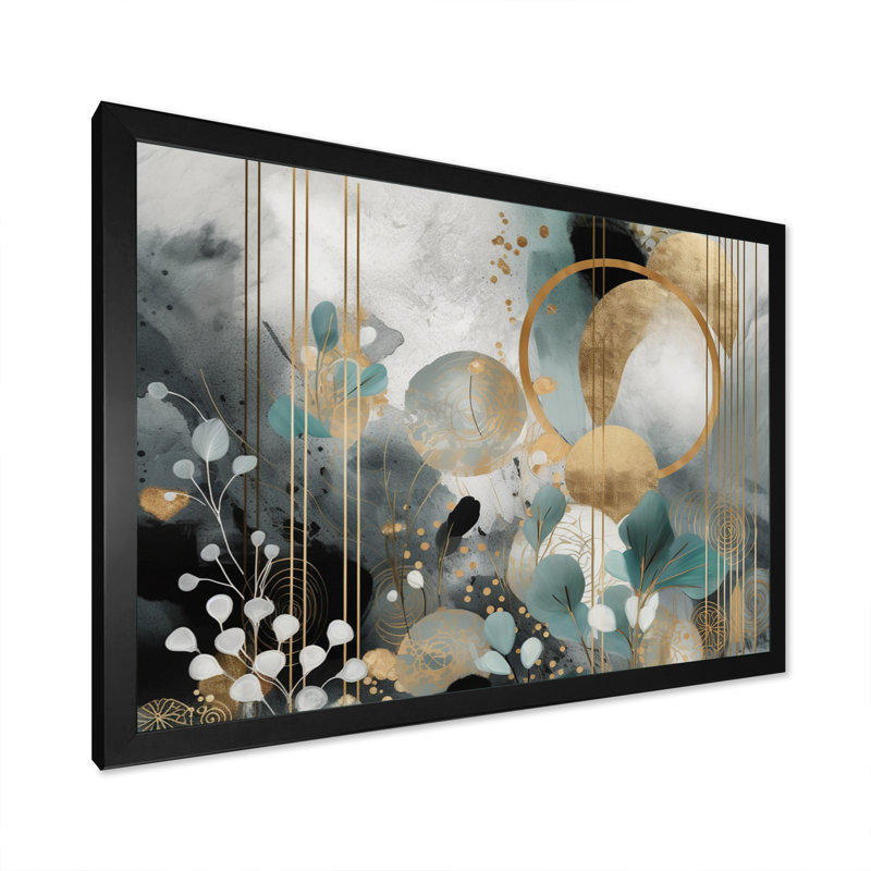 Fleur dorée bleue dorée I - Floral Wall Art Living Room, Cadre photo noir, H 12 po x l 20 po