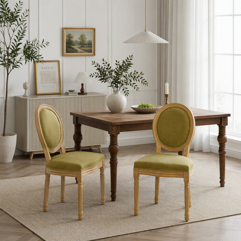 Chaise de salle à manger avec cadre en bois massif de style français et toile de lin antique, ensemble de 2, Vert olive