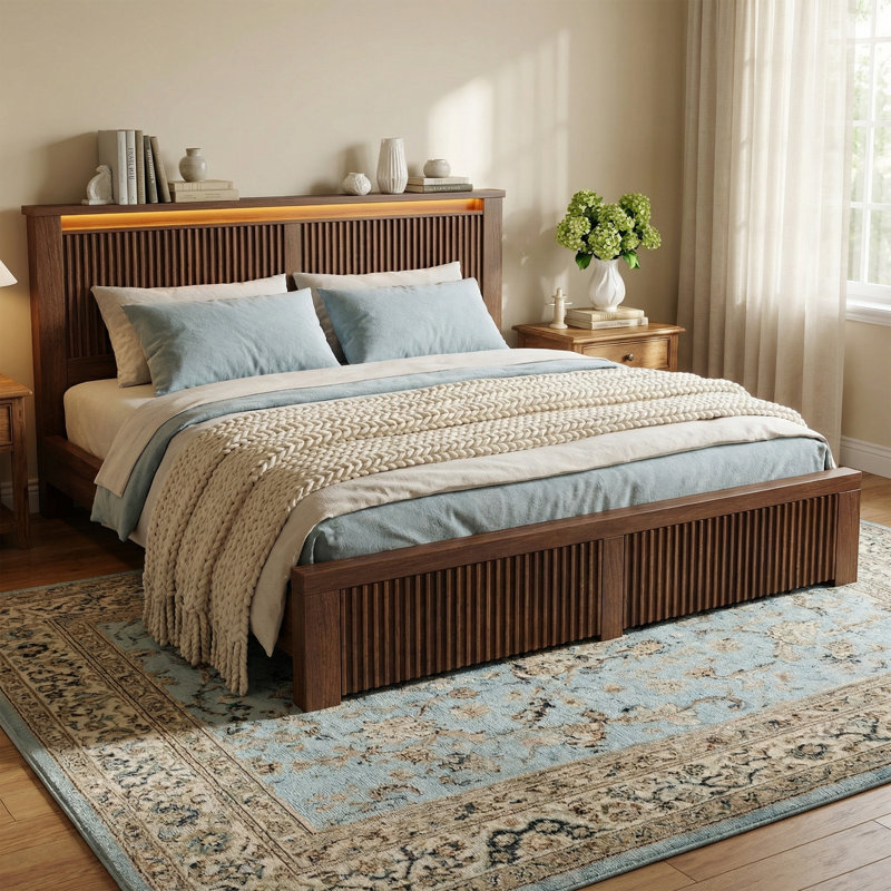 Fluted Panel Platform Bed with LED Headboard, Storage Drawers & USB Charging,No Box Spring Needed, Queen, Dark Brown