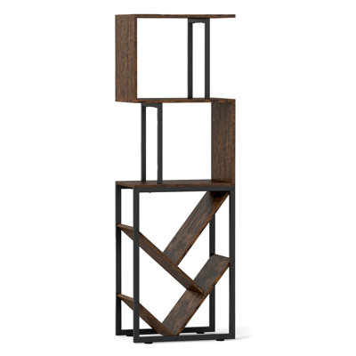 Bibliothèque géométrique sur pied en forme d'arbre à 6 niveaux (S), bois d'ingénierie et métal, étagères ouvertes pour salon, bureau ou chambre, brun rustique