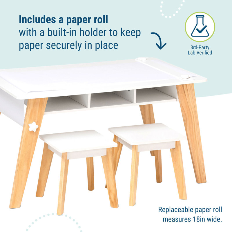 Ensemble de table Wildkin Kids Arts & Crafts - Design moderne Mid-Century avec 2 tabourets, casiers de rangement et rouleau de papier - Blanc