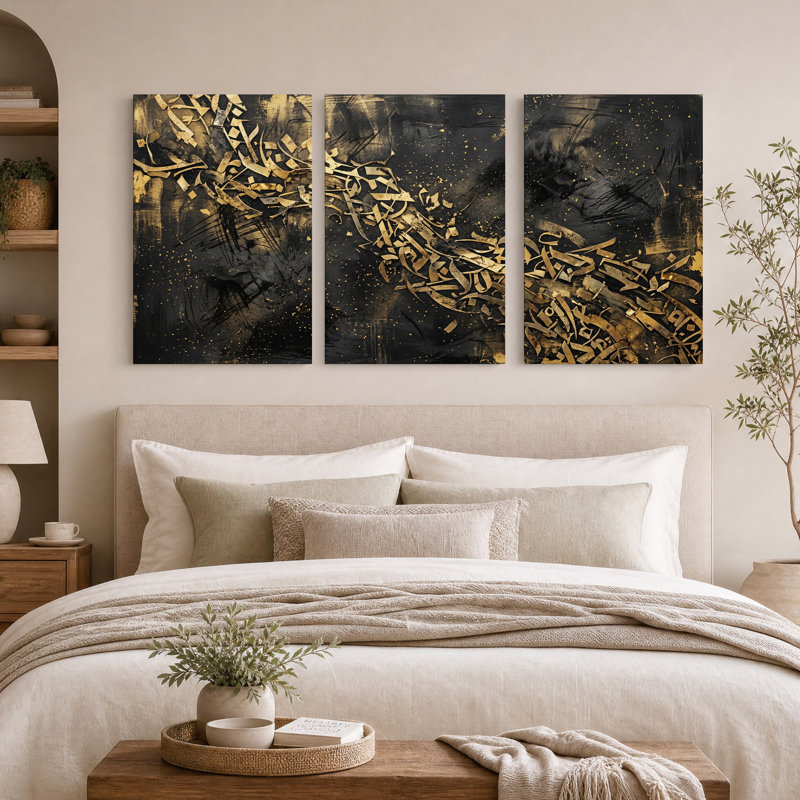 Ensemble de 3 toiles murales abstraites à texture dorée sur fond noir, H 36 po x l 24 po x 3 pièces