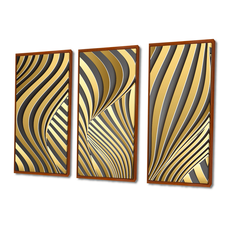 «Wavy Luxury Gold Gradients I», ensemble de 3 reproductions d'art encadrées sur toile, H 28 po x l 36 po, Brun