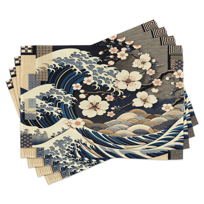 Ensemble de 4 napperons Ambesonne Sakura et vagues standard taupe beige / bleu foncé Ambesonne