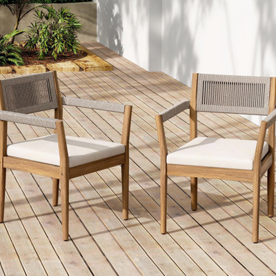 Braided Wood, All-weather, Outdoor Chairs, Of 2, Finish, Beige Rope, Cream Cushions, , Space, Comfortable, Garden, Backyard 2 , Dining , Poolside