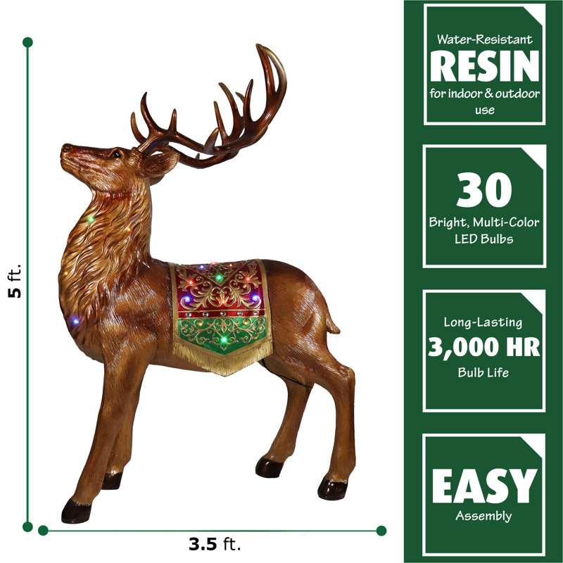 Fraser Hill Farm 5-Ft. Reindeer Holiday Figurine with Metallic Finish with Multi-Color LED Lights