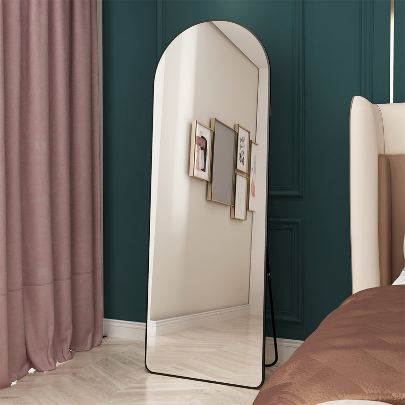 Floor Mounted Full-Length Mirror – Aluminum Alloy Metal Frame Arched Wall Mirror, 65" x 23", Black