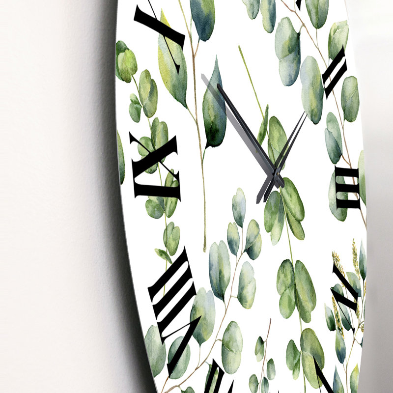 Branches d'eucalyptus sur blanc Iii - Horloge murale à motifs, Moyen