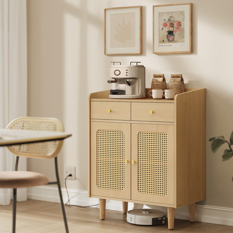 Storage Cabinet With Rattan-like Doors And Drawers, Beige/Brown