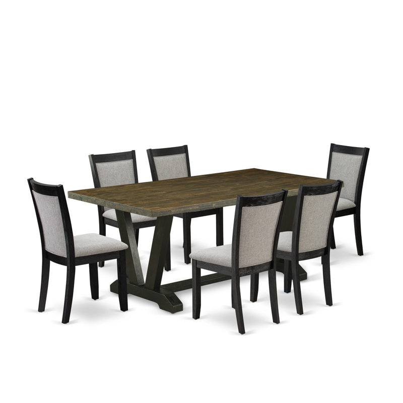 L'ensemble de table moderne 5 pièces se compose d'une table Mid-Century patinée et de 4 chaises Parsons en tissu Shitake à haut dossier - Finition noire brossée