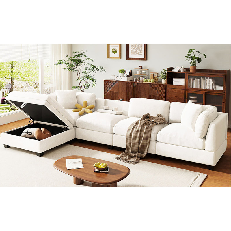 Beige For 5 With Storage Footrest & Hidden Cup Holders, Wooden Frame, Ultra-comfortable, Cushions, Soft Fabric Sectional Removable , , Frame