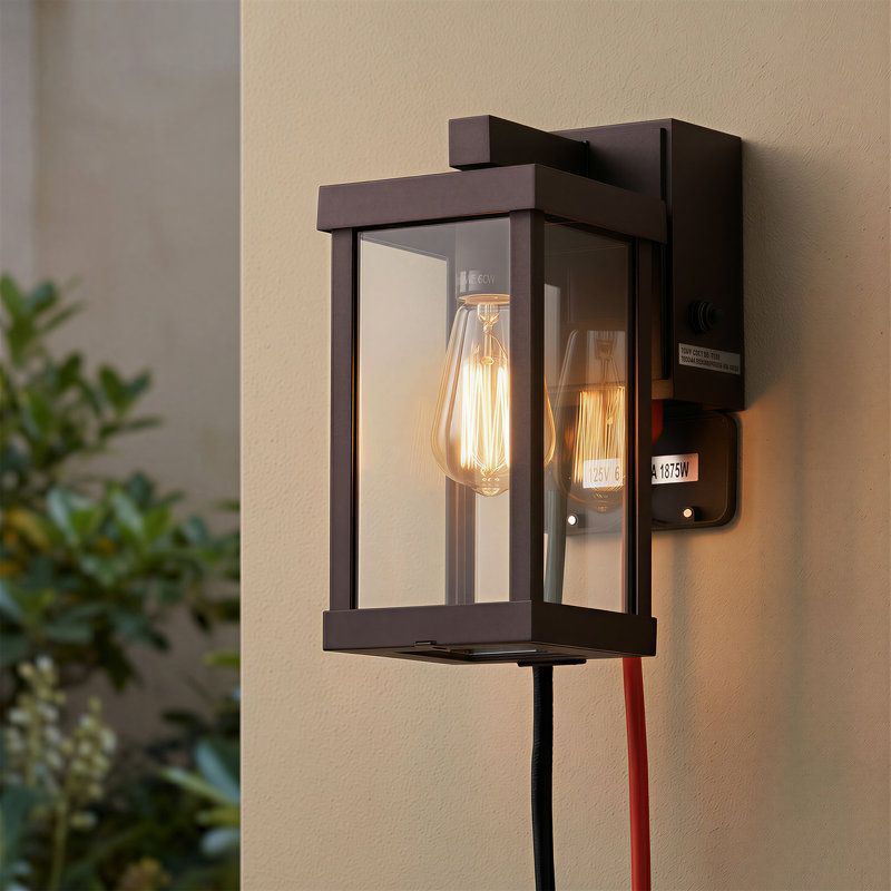 Classic 11.1'' H 1-Light Outdoor Wall Sconce with Built-in GFCI Outlet, Oil Rubbed Bronze Rectangular Metal Frame with Clear Glass Shade, Weatherproof