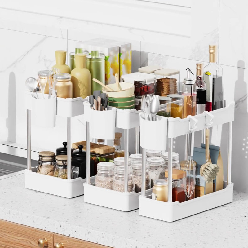 Rangement sous l'évier, ensemble de 3 armoires de salle de bain à 2 niveaux avec tasses suspendues, rangement réglable sous l'évier pour la cuisine et la salle de bain