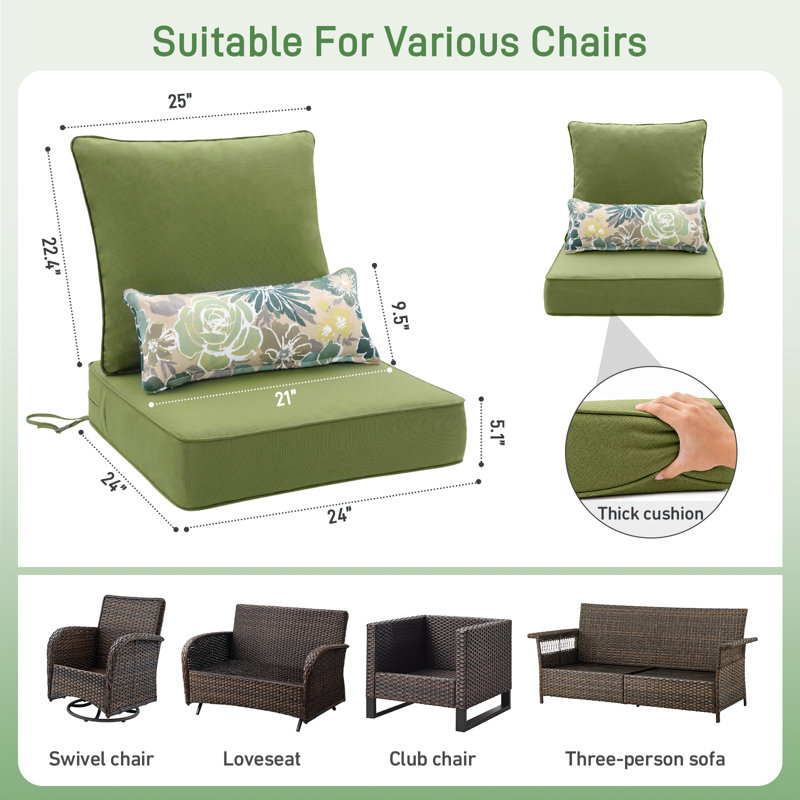  Outdoor Seat/Back Cushion, 24" W x 24" D, Green