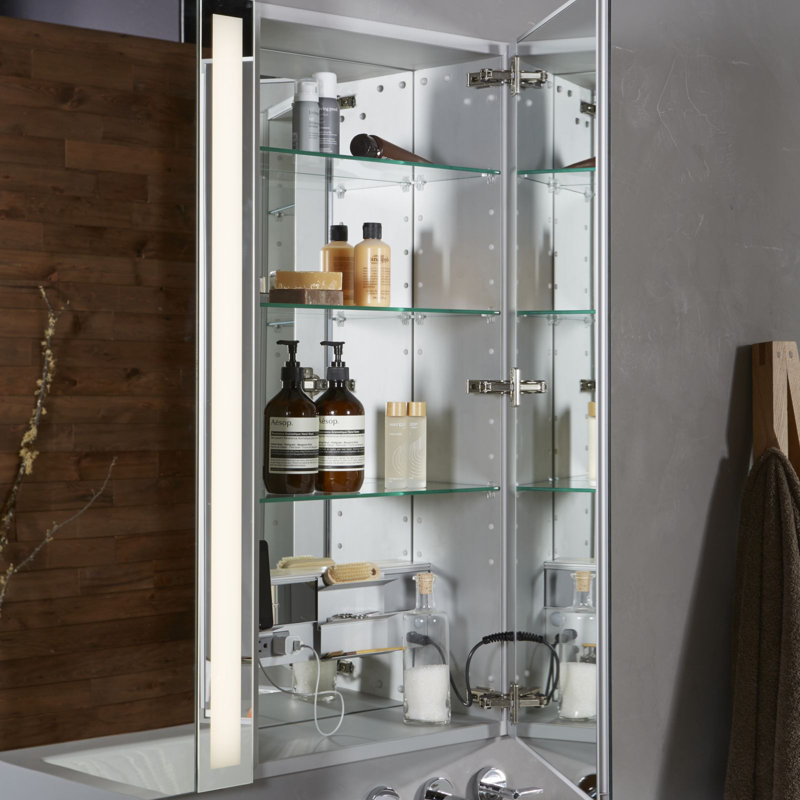 M Series Recessed Framed Medicine Cabinet with 3 Adjustable Shelves, Silver, 30" x 23.25" x 8", Right